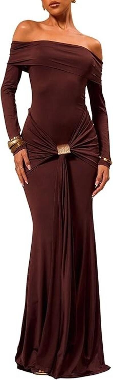 MUSERA Off Shoulder Long Sleeve Maxi Dress brown size M